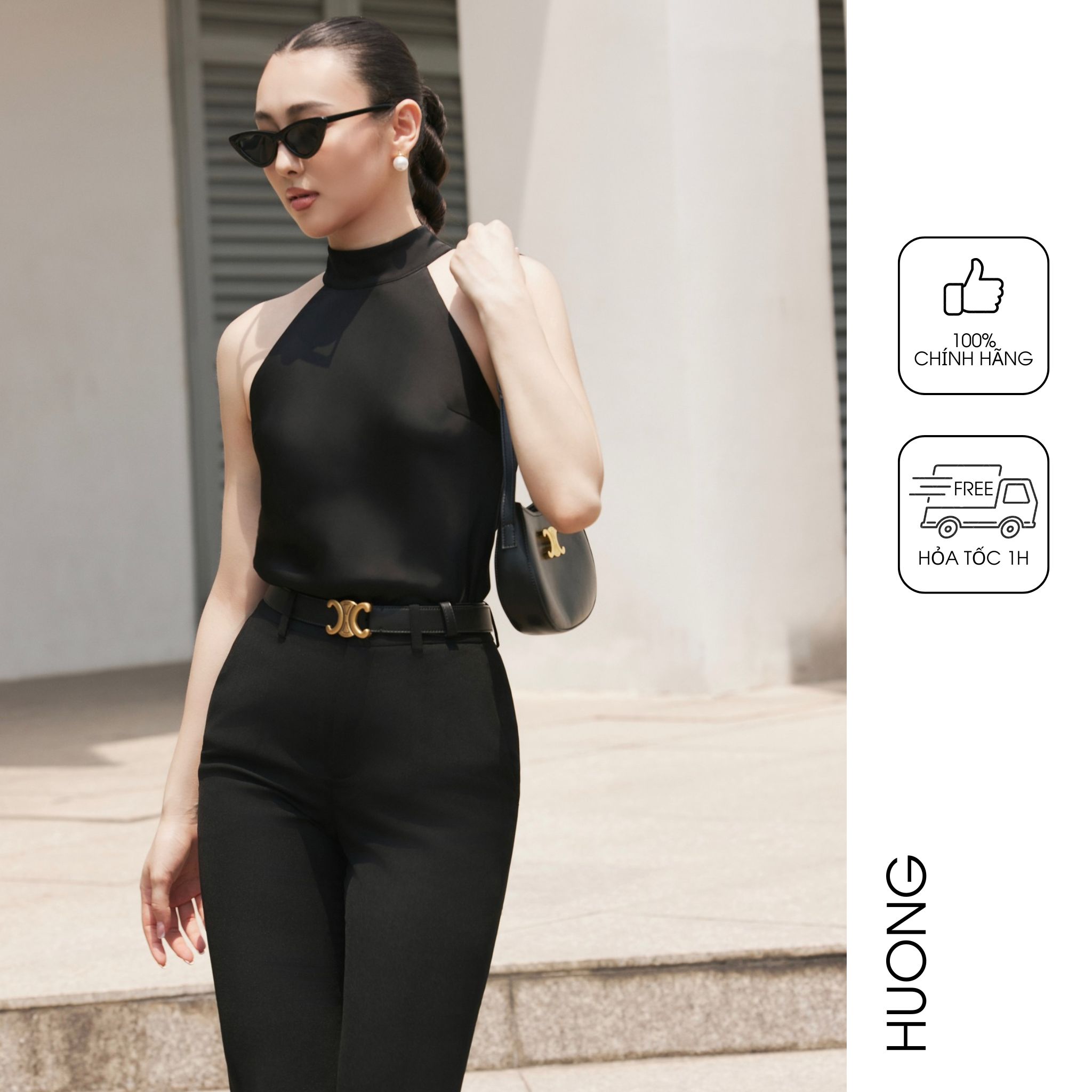Áo sơ mi lụa đen cổ yếm huong boutique bssm58