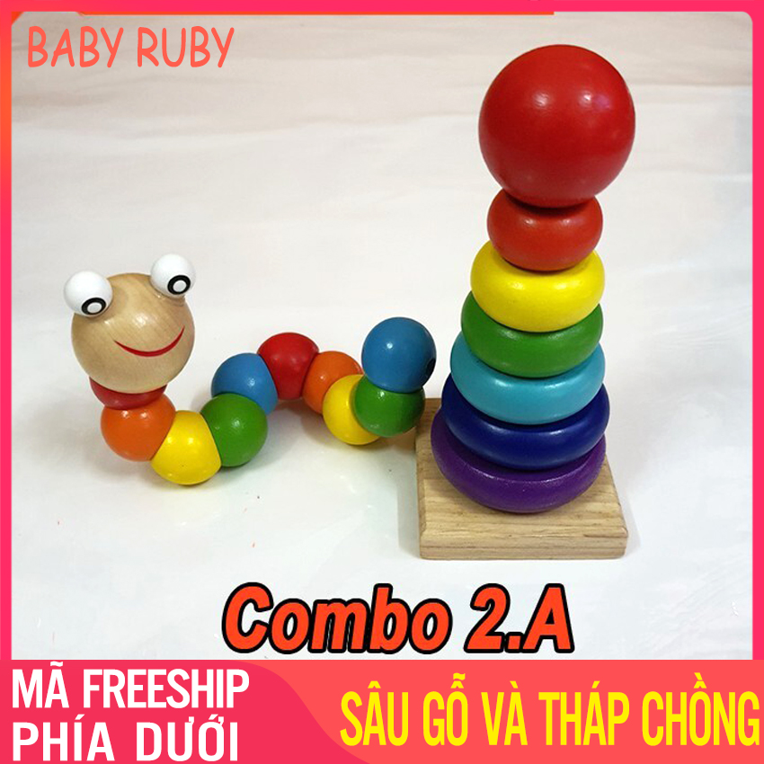Đồ chơi Montessori Trẻ Em - Con Sâu Gỗ Và Tháp Xếp Chồng - Đồ chơi gỗ, đồ chơi tháp xếp chồng, đồ chơi xếp tháp bằng gỗ, đồ chơi con sâu gỗ, đồ chơi trí tuệ, đồ chơi trẻ em, Tháp Xếp Chồng 7 Màu - Baby Ruby