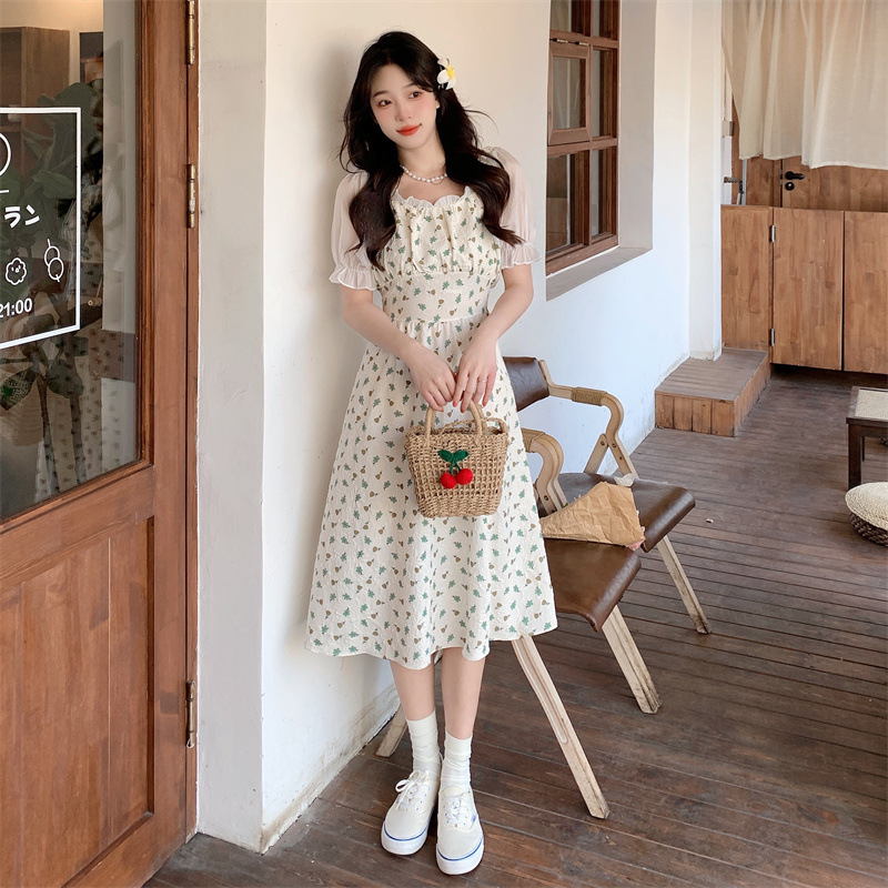 Lolita closet - váy đầm hoa mơ xanh tay voan ngắn phong cách hàn quốc