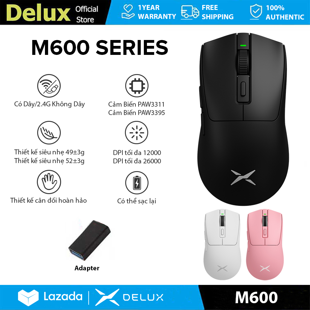 Delux M600 Series Chuột chơi game có dây & không dây có thể sạc lại MAX 26000 dpi PAW3395 PAW3311 PMW3325 52g trọng lượng nhẹ Thiết kế tập trung đại chúng PC/Laptop/Windows