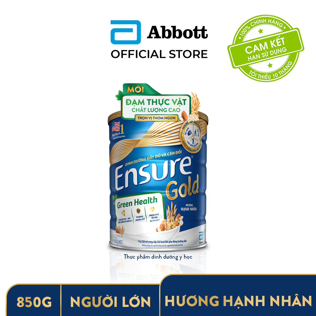 Sữa Bột Ensure Gold Green Health Abbott Đạm thực vật hương Hạnh nhân 850g