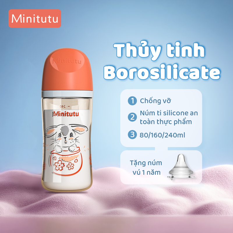 Bình Sữa Minitutu Thủy Tinh cho Bé Họa Tiết Nhiều Màu Sắc 80ML 160ML 240ML tương tự sản phẩm