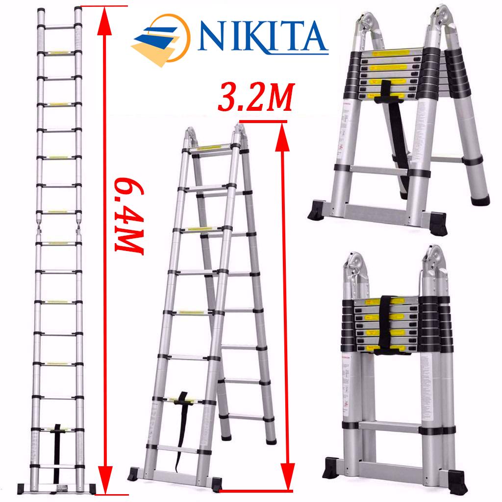 Thang nhôm rút xếp đôi NIKITA AI64 chữ A: 3.2M chữ I: 6.4M (Bảo hành 2 năm) Hàng chính hãng có logo dập nổi