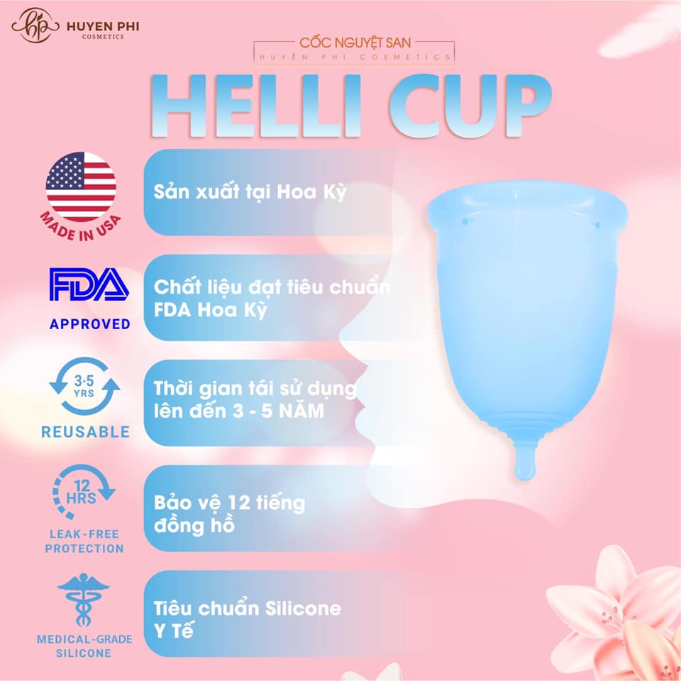 Cốc Nguyệt San Helli Cup (Size S) H19 Mỹ Phẩm Huyền Phi 8856 (Giá ưu đãi tặng kèm bông rửa Spa dành cho 20 người) Sản phẩm được chứng nhân an toàn bởi FDA Mỹ.