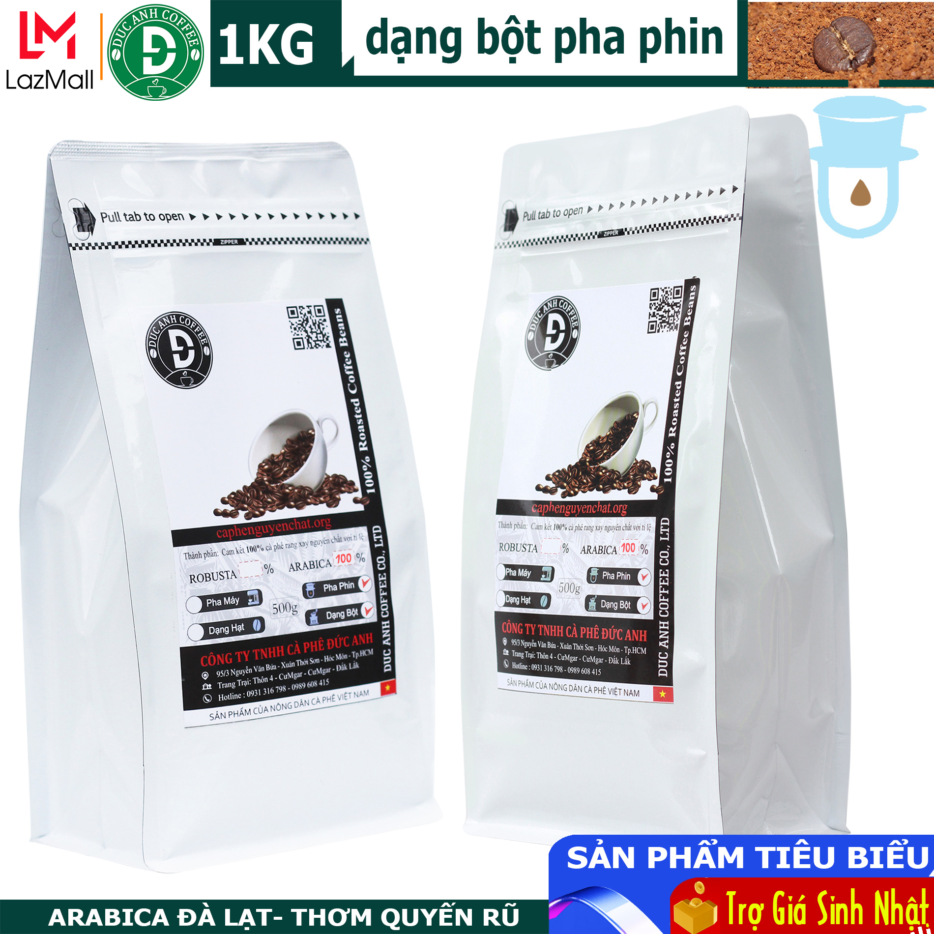 1kg cà phê Arabica nguyên chất rang mộc - Xuất xứ Đà Lạt - Dạng bột dùng pha phin - 2 gói zipper 500g - Thương hiệu cà phê rang mộc DUC ANH COFFEE- Giao hàng nhanh- Giá siêu tốt