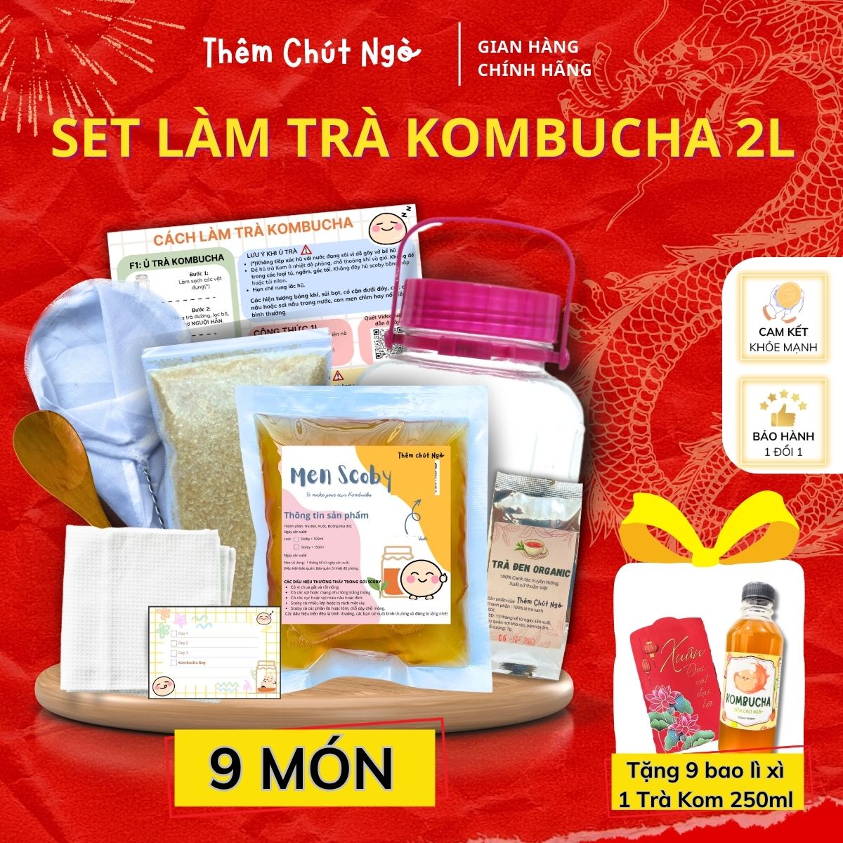 Combo Trà Kombucha 2L đầy đủ nguyên liệu nuôi Scoby làm trà Kombucha