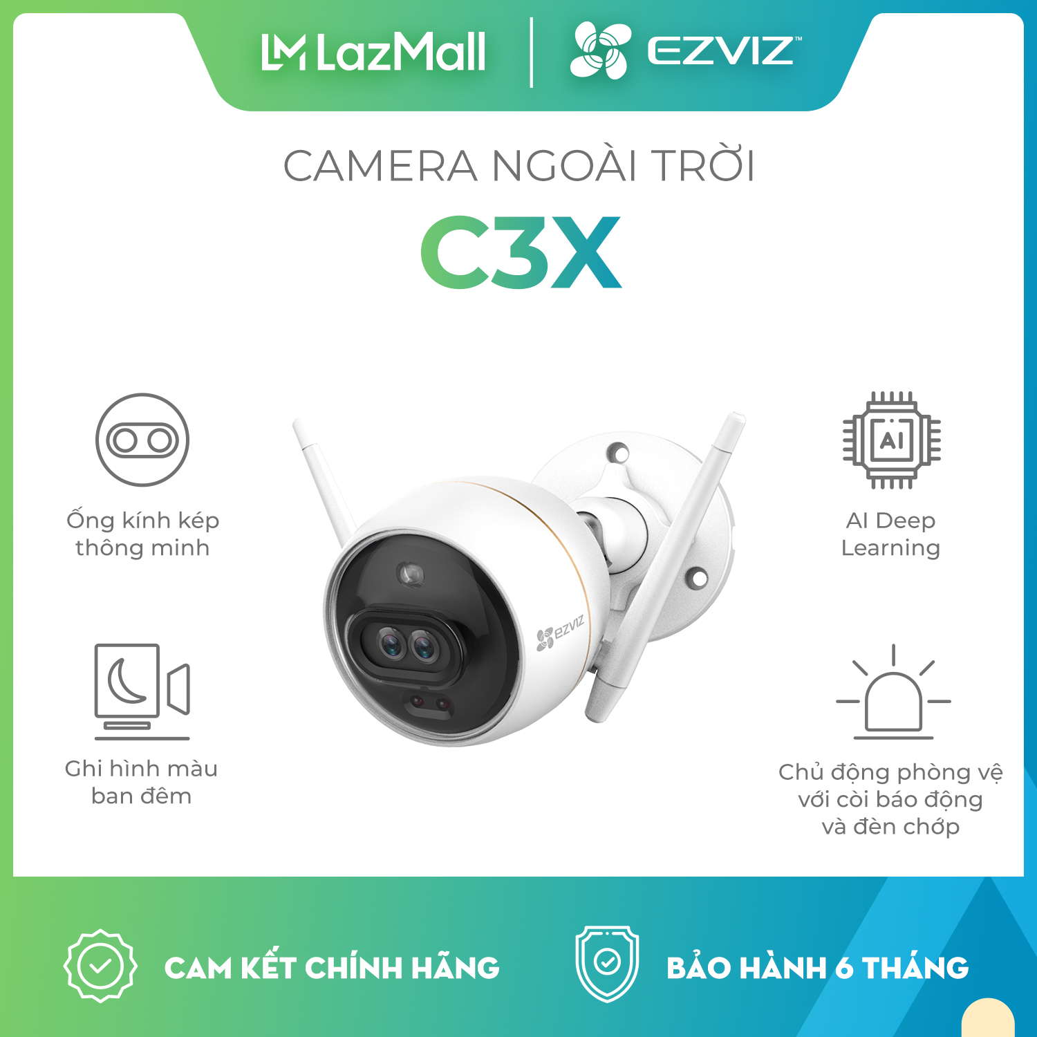 Camera Ezviz C3X, Camera Ngoài Trời WIFI Không Dây, Chuẩn chống nước IP67, Ghi Hình Ban Đêm Có Màu Không Cần Đèn, Tích Hợp AI Phát Hiện Hình Dáng Người/ Xe, Chuẩn Nén Video H.265 - Hàng Chính Hãng