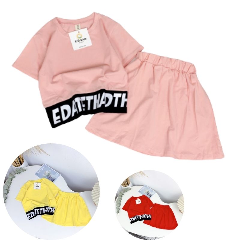 Bộ bé gái Cotton áo phông và chân váy kèm lót size nhỡ Đỏ, Hồng và Vàng XHN863