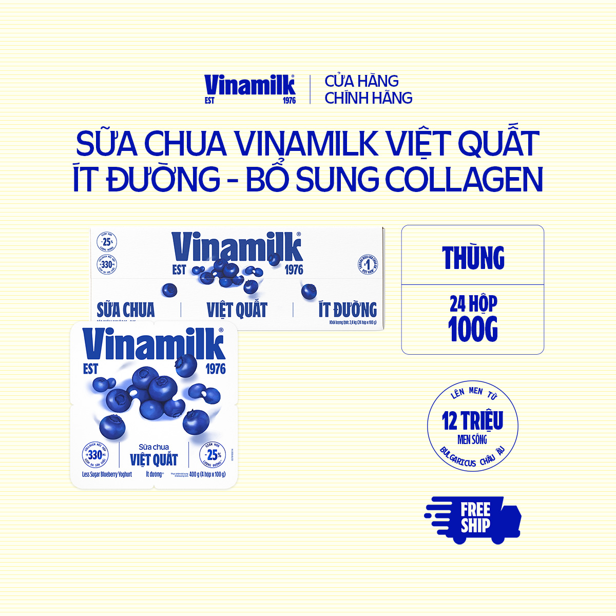 [CHỈ GIAO TRONG BÁN KÍNH 10KM] Sữa chua ăn Vinamilk Việt Quất Ít Đường - Thùng 24 hộp x 100g
