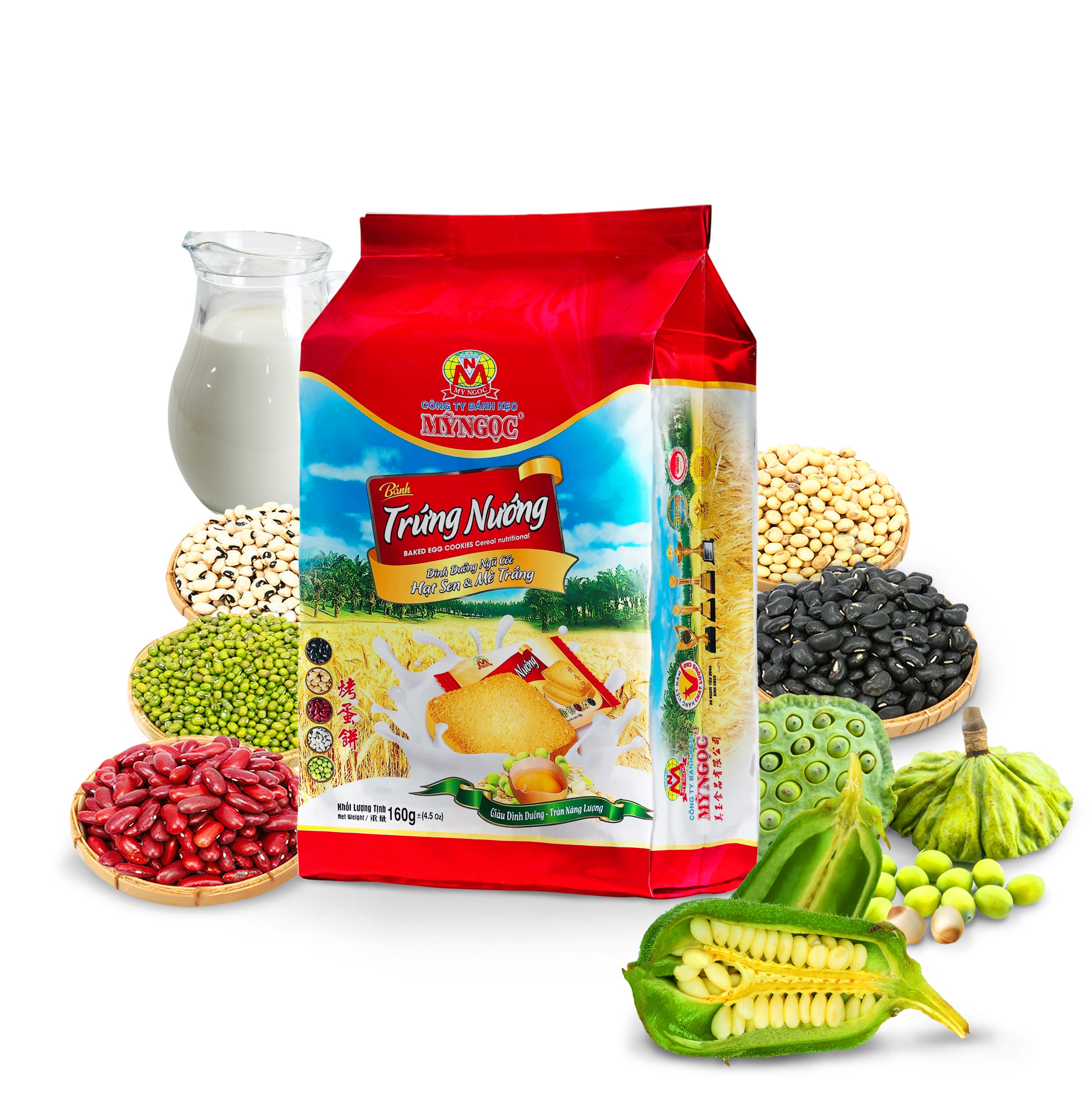 160g Bánh trứng nướng MÈ TRẮNG sữa tươi  HẠT SEN & 5 vị NGŨ CỐC, giòn rụm GIÀU DINH DƯỠNG bổ sung NĂNG LƯỢNG