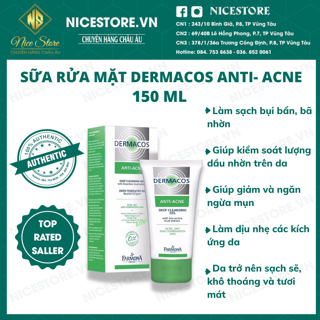 Sữa rửa mặt dermacos anti acne 150ml, sạch sâu ngừa mụn, cho da dầu