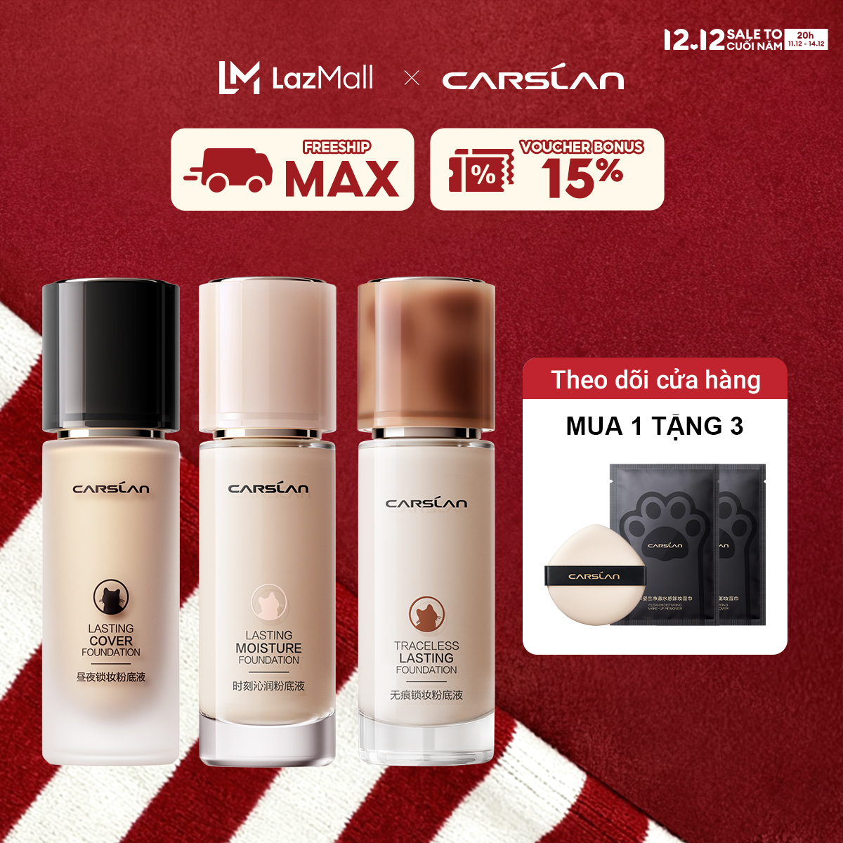   ĐỘC QUYỀN 11  20pm  - 14.12|VOUCHER+QUÀ TẶNG Kem Nền Cao Cấp Carslan Mịn Nhẹ Kiềm Dầu Dưỡng Da 24H Cho Mọi Loại Da Với Công nghệ HA Bloomage 5D 30g 