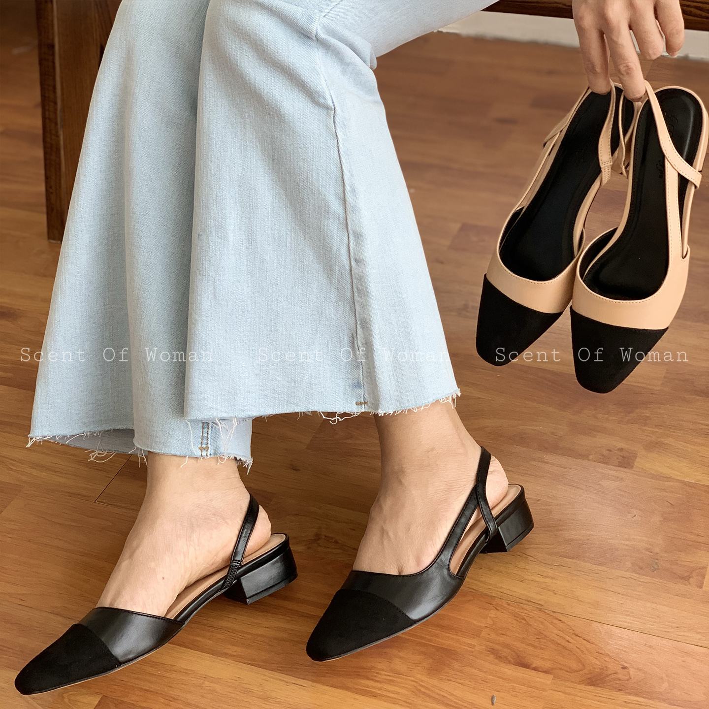 Giày bệt nữ slingback mũi thon tròn gót cao 2cm thanh lịch
