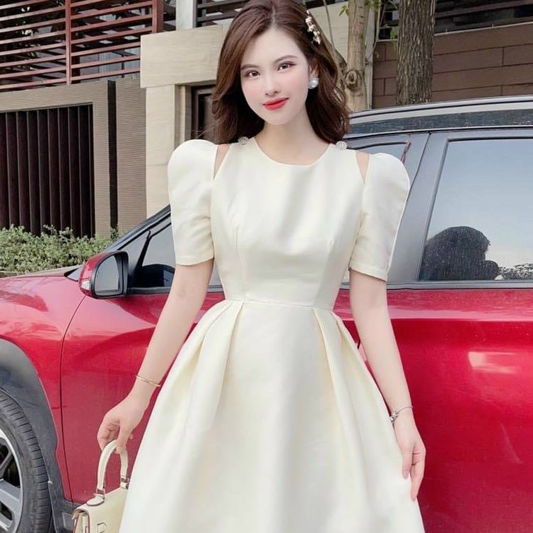 Đầm nữ xẻ vai tay lỡ dáng xòe duyên dáng thanh lịch thiết kế thời trang tiểu thư thích hợp cho nàng dự tiệc dạo phố
