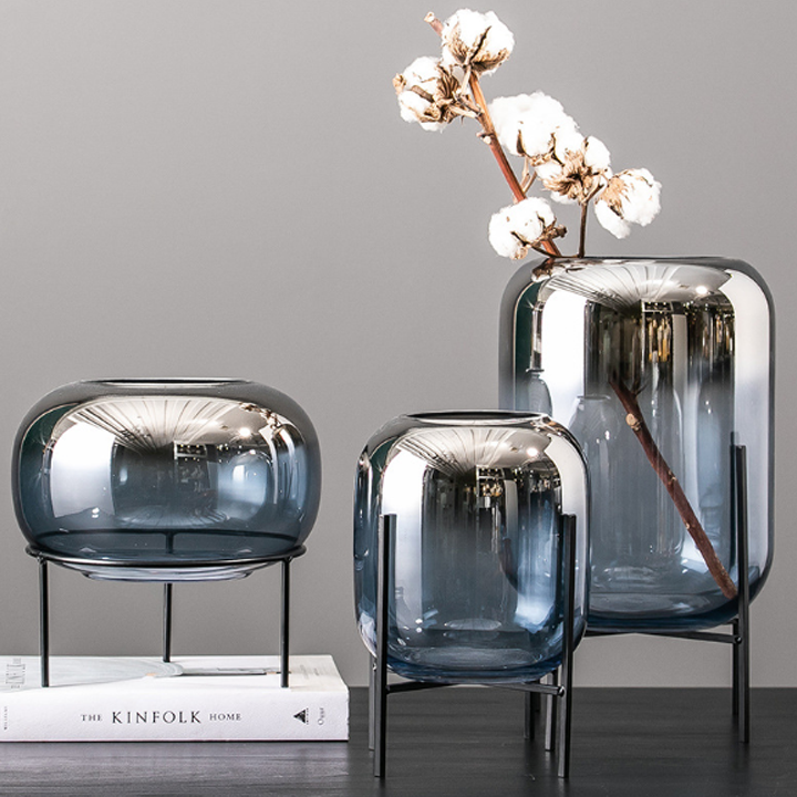 Set 3 Bình hoa thủy tinh xanh lam có khung giá đỡ sắt - Lọ hoa thủy tinh, lọ cắm bông màu xanh độc đáo - Bình hoa, bình bông thủy tinh decor