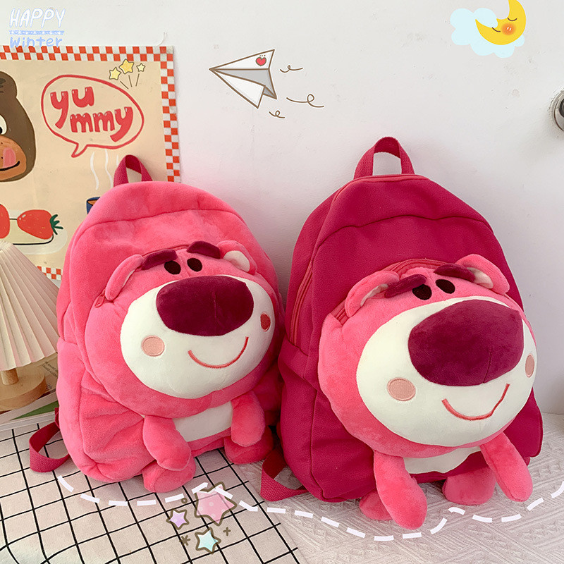 Balo đi học đi chơi gấu dâu lotso nhồi bông dễ thương xinh xắn phong cách hàn quốc hottrend 2023 - cặp xách đi học hình gấu hồng bằng lông nhung siêu mềm mịn loại tốt