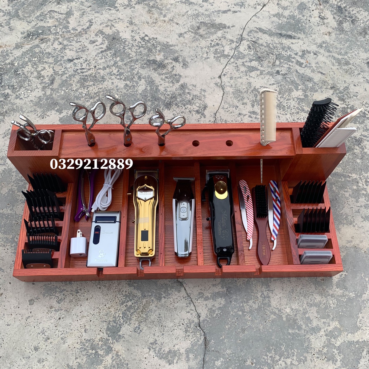 khay gỗ đựng tông đơ và đồ nghề làm tóc- 1 tầng- tông đơ cắt tóc- dụng cụ làm tóc ptc