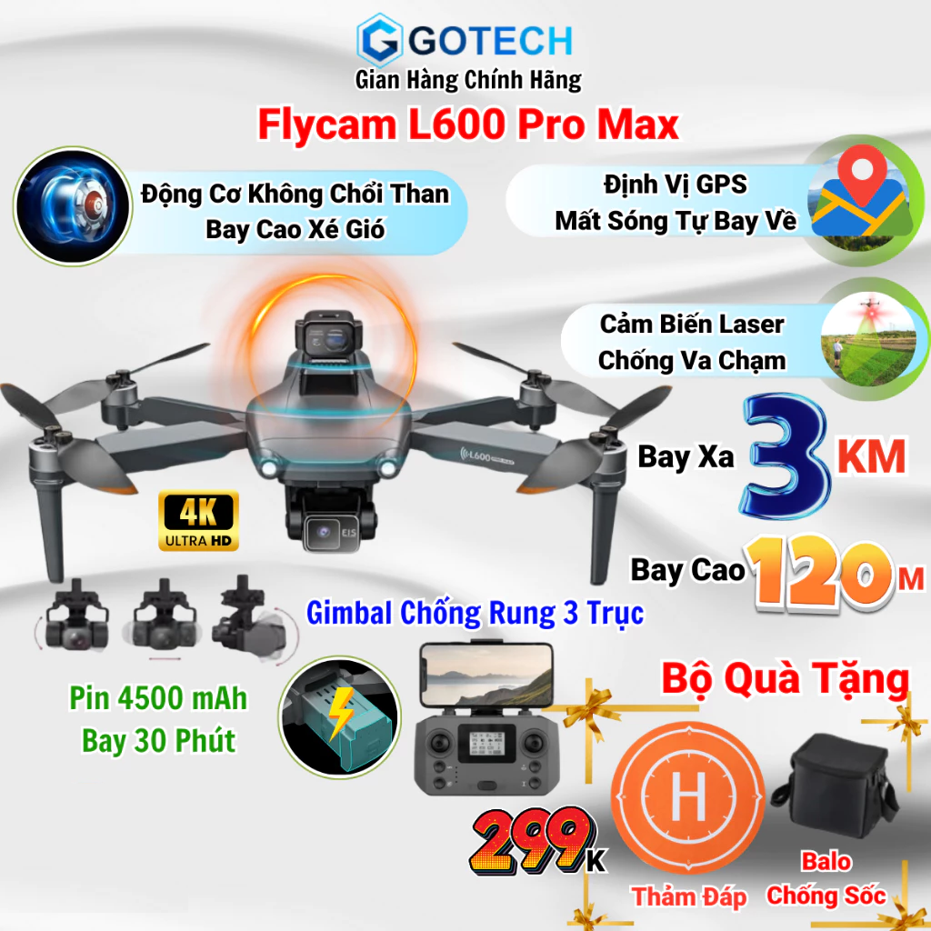 Flycam L600 Pro Max động cơ không chổi than full HD 4K, Máy bay điều khiển từ xa có định vị GPS thông minh , chống rung bay xa tới 3000m ,Play cam chụp ảnh quay phim chuyên nghiệp