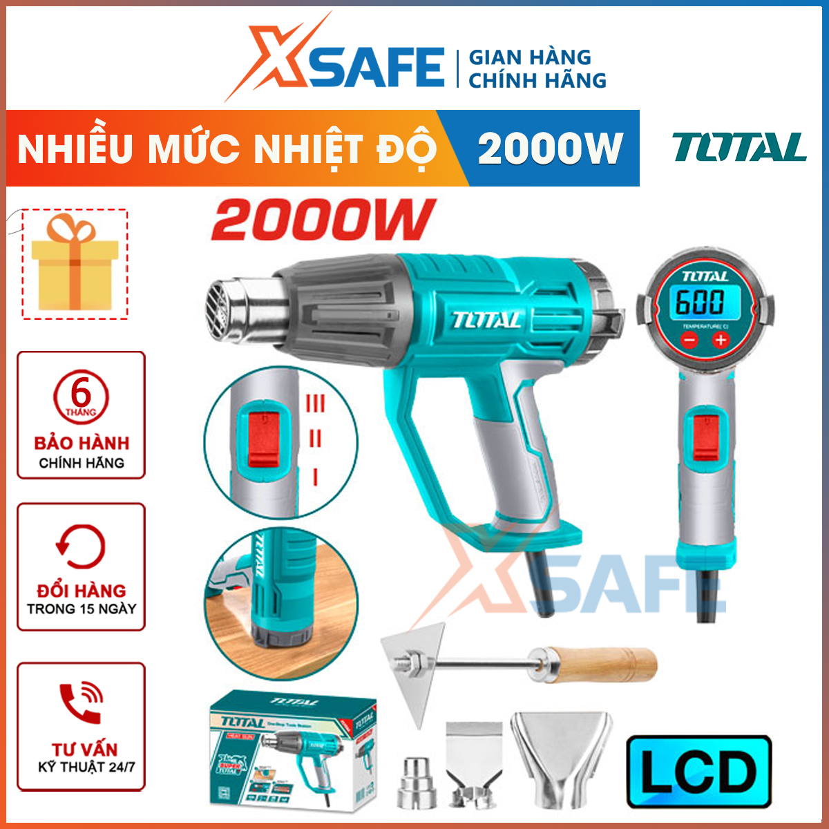 Máy khò nhiệt cầm tay Total máy thổi hơi nóng công suất 2000W tùy chỉnh mức nhiệt khò màng co nung chảy mối hàn điện tử loại bỏ lớp keo dán