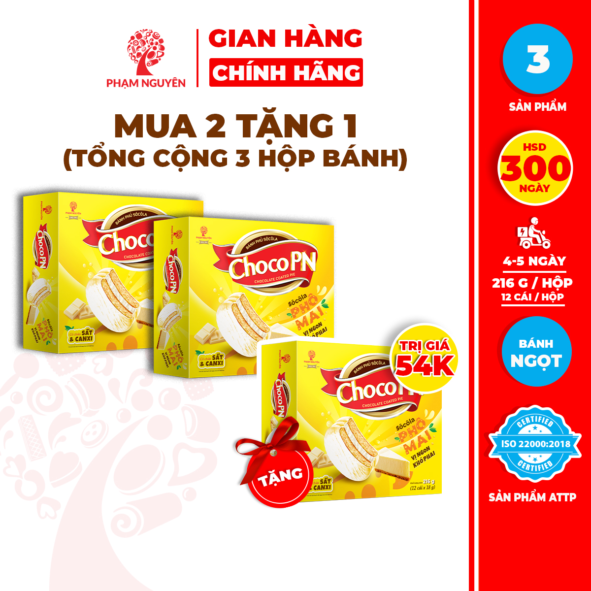  MUA 2 TẶNG 1 | Tổng cộng 3 Hộp Bánh phủ Socola Choco PN Phô Mai 216g | Bánh ăn vặt Socola | Đồ ăn vặt 
