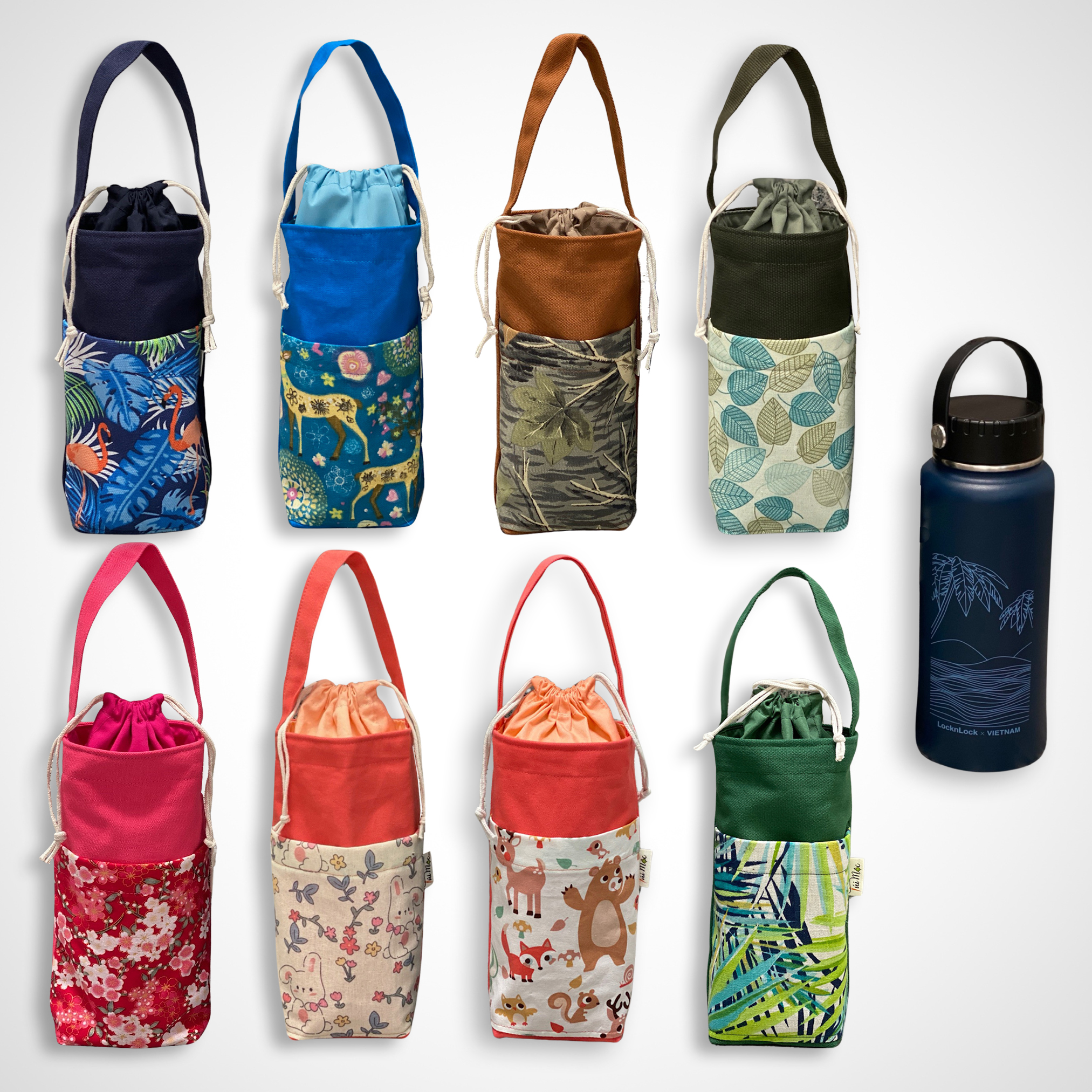 Túi vải đựng bình Riga 897ml, Lock and Lock 900ml, ly giữ nhiệt 900ml vải canvas dày bền, có ngăn nhỏ bên ngoài