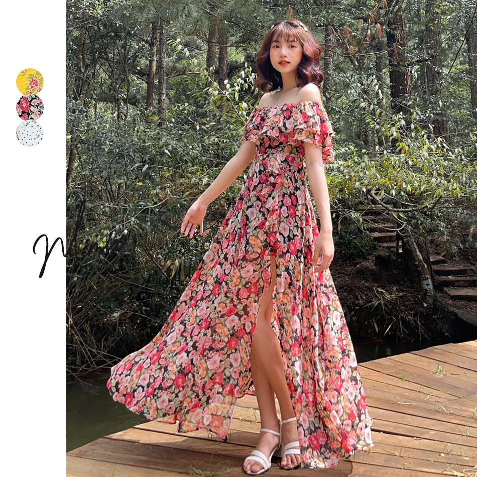 Đầm maxi hoa bèo tầng có lót xẻ tà mimix cj2240