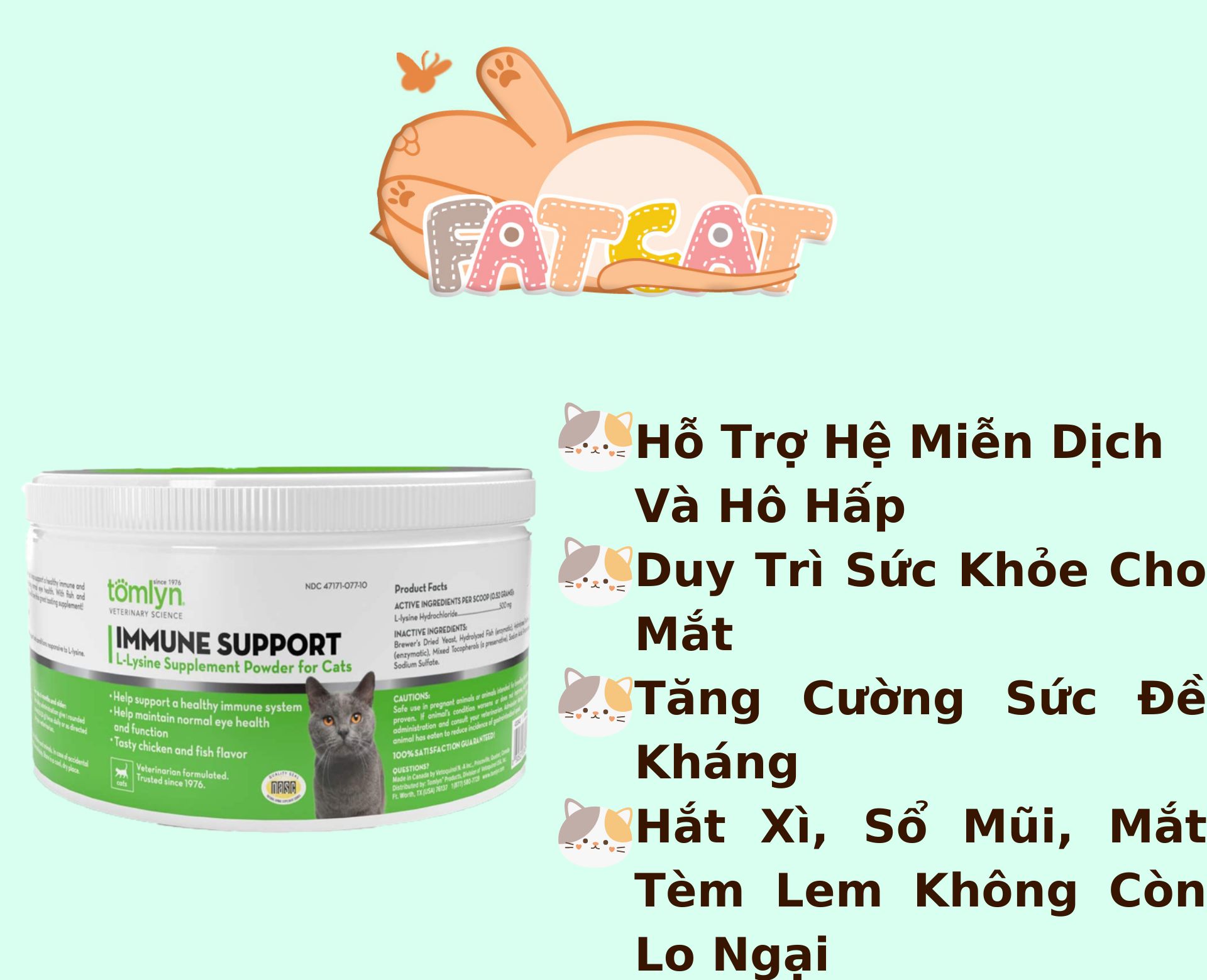Bột tomlyn lysine tăng đề kháng hỗ trợ hô hấp cho mèo