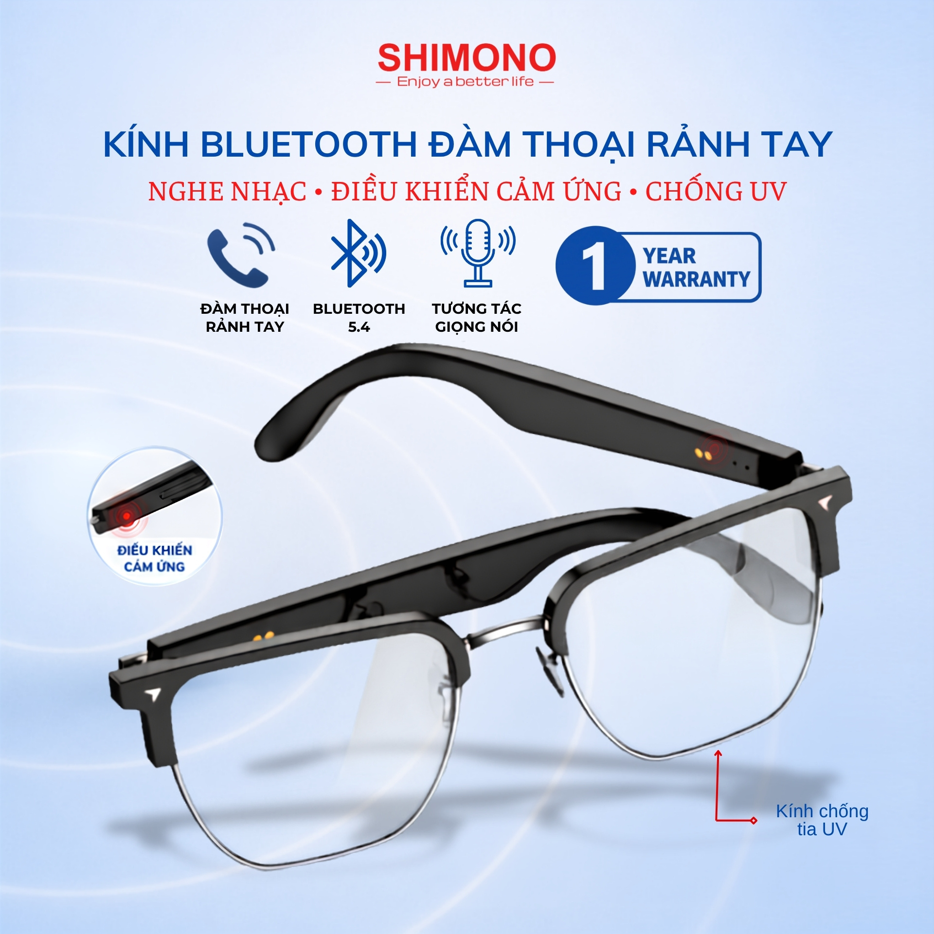 Kính Thông Minh Bluetooth SHIMONO AIMB-V2 Nghe Nhạc OpenEar, Đàm Thoại Rảnh Tay, Điều Khiển Cảm Ứng, Thay Tròng Cận Tặng 1 Nam Bảo Hành Chính Hãng
