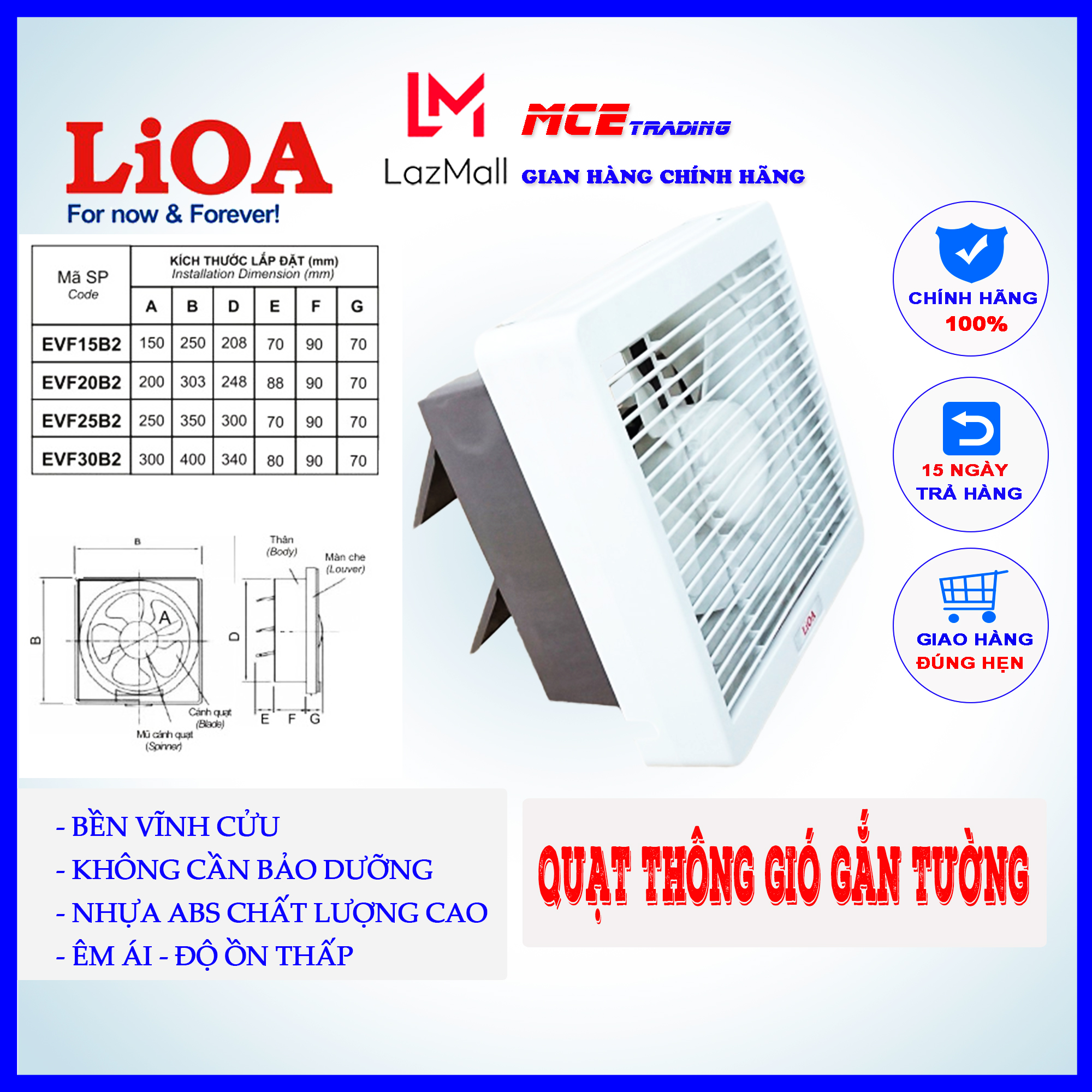 Quạt thông gió gắn tường lioa, êm ái độ ồn thấp, không cần tra dầu bảo dưỡng evf15b2 evf20b2 evf25b2 evf30b2