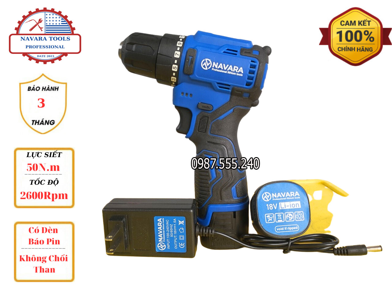 Chính hãng- máy khoan pin navara 18v model 7001 không chổi than