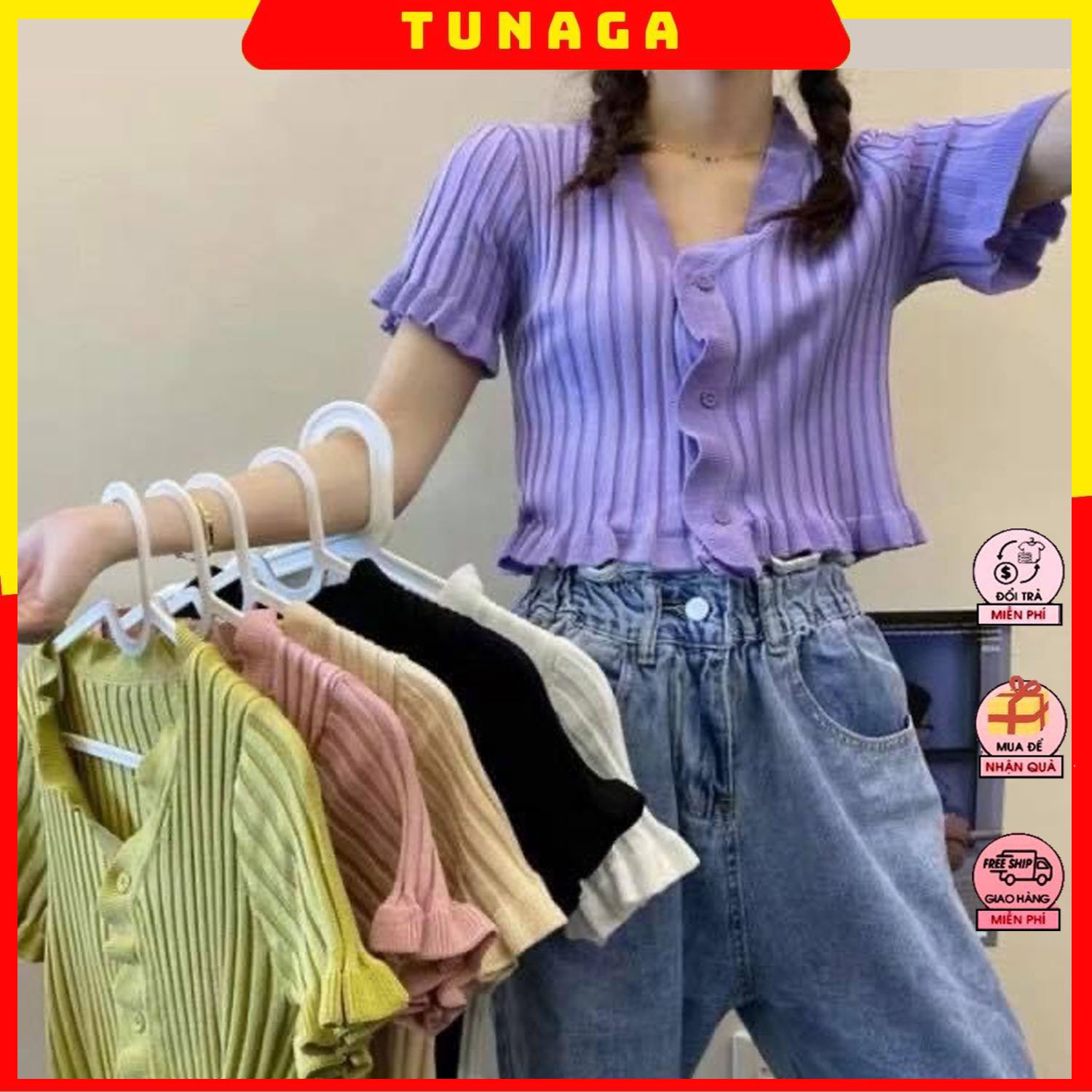 [ÁO DỆT KIM] Áo Len Nữ, Áo Croptop Tay Ngắn Bèo Nhún Dệt Kim_  Phong Cách Hàn Quốc_Đi Chơi Dạo Phố Là Xinh