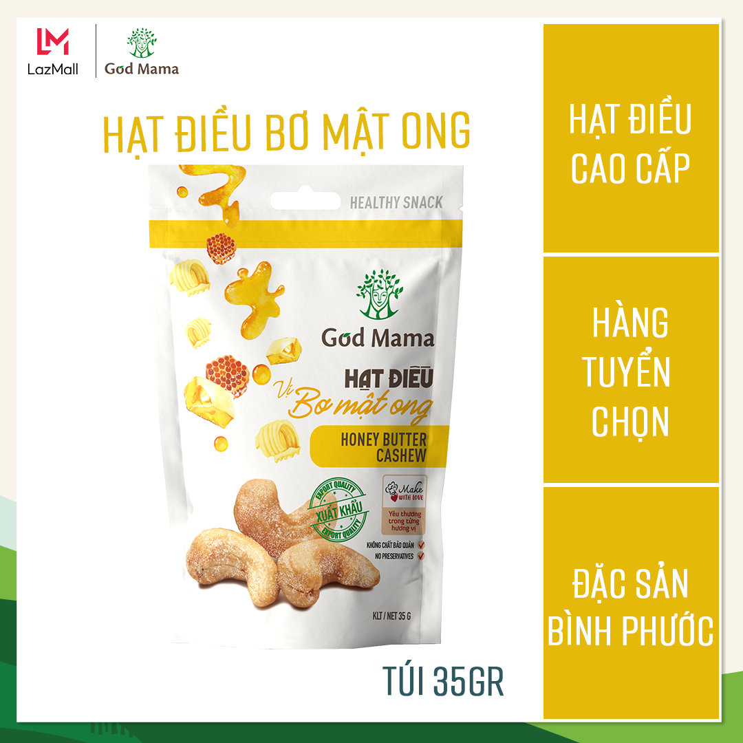 Hạt điều tẩm vị bơ mật ong God Mama - 35g. Ăn vặt tốt cho sức khỏe. Hỗ trợ giảm cân. Nguồn nguyên liệu từ Bình Phước - vườn điều ngon nhất Việt Nam.