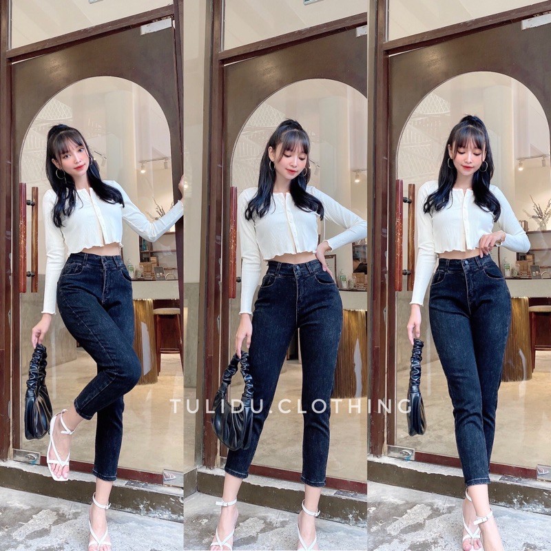 Quần jean nữ dáng baggy cạp lưng cao đen trơn - quần bò nữ 2 cúc co giãn 4 chiều - có big size