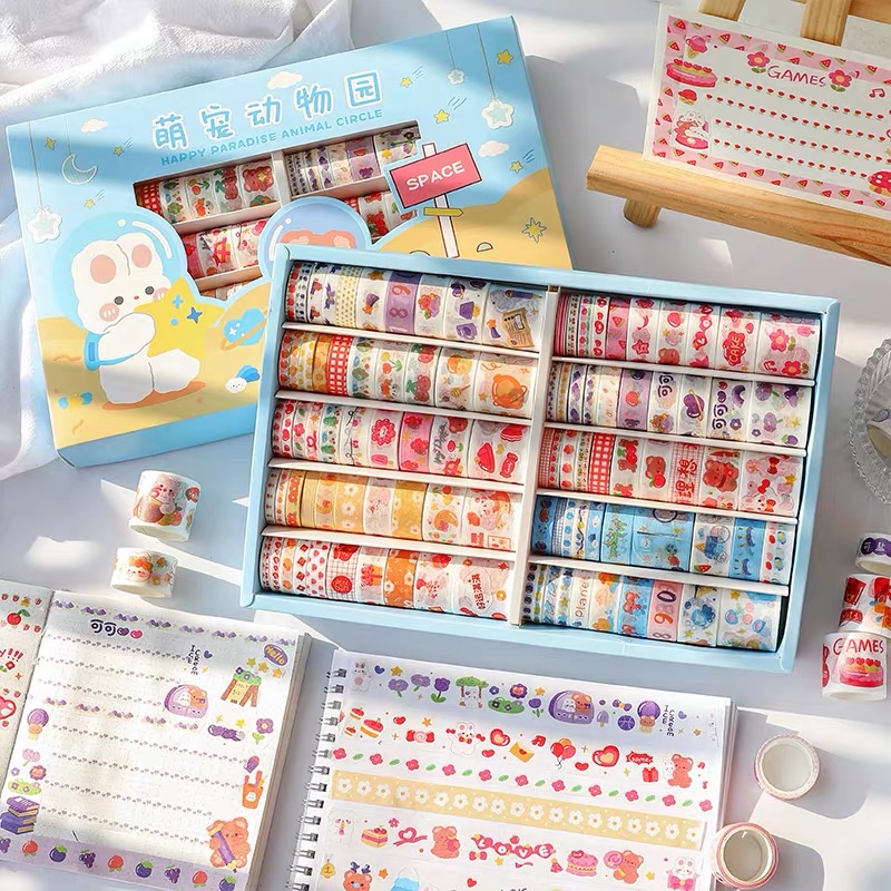 [HAPPY PARADISE] Hộp 100 cuộn washi tape dễ thương dùng để trang trí sổ tay (có tách lẻ 20 cuộn)
