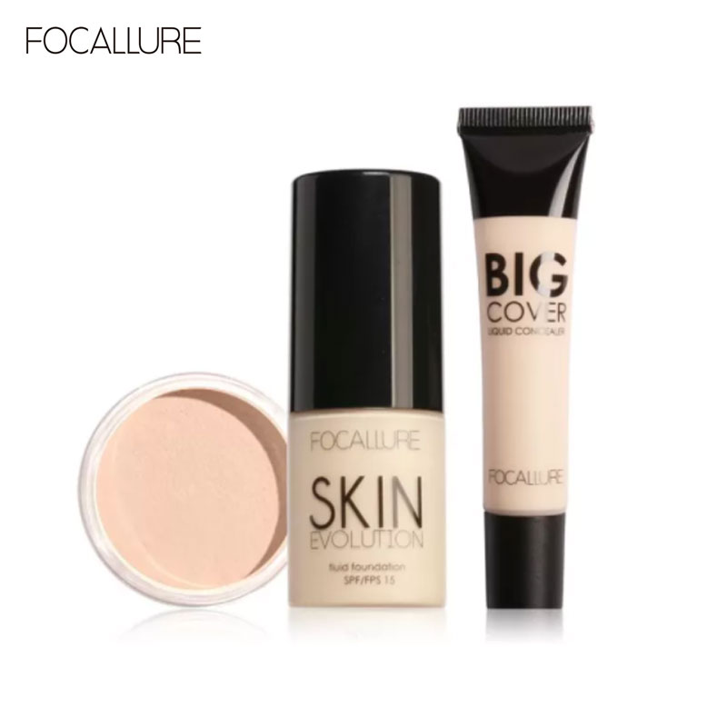 Bộ 3 sản phẩm trang điểm FOCALLURE gồm phấn phủ + kem che khuyết điểm + kem nền với 8 màu tùy chọn kết cấu mềm mịn không thấm nước bền màu lâu trôi - INTL
