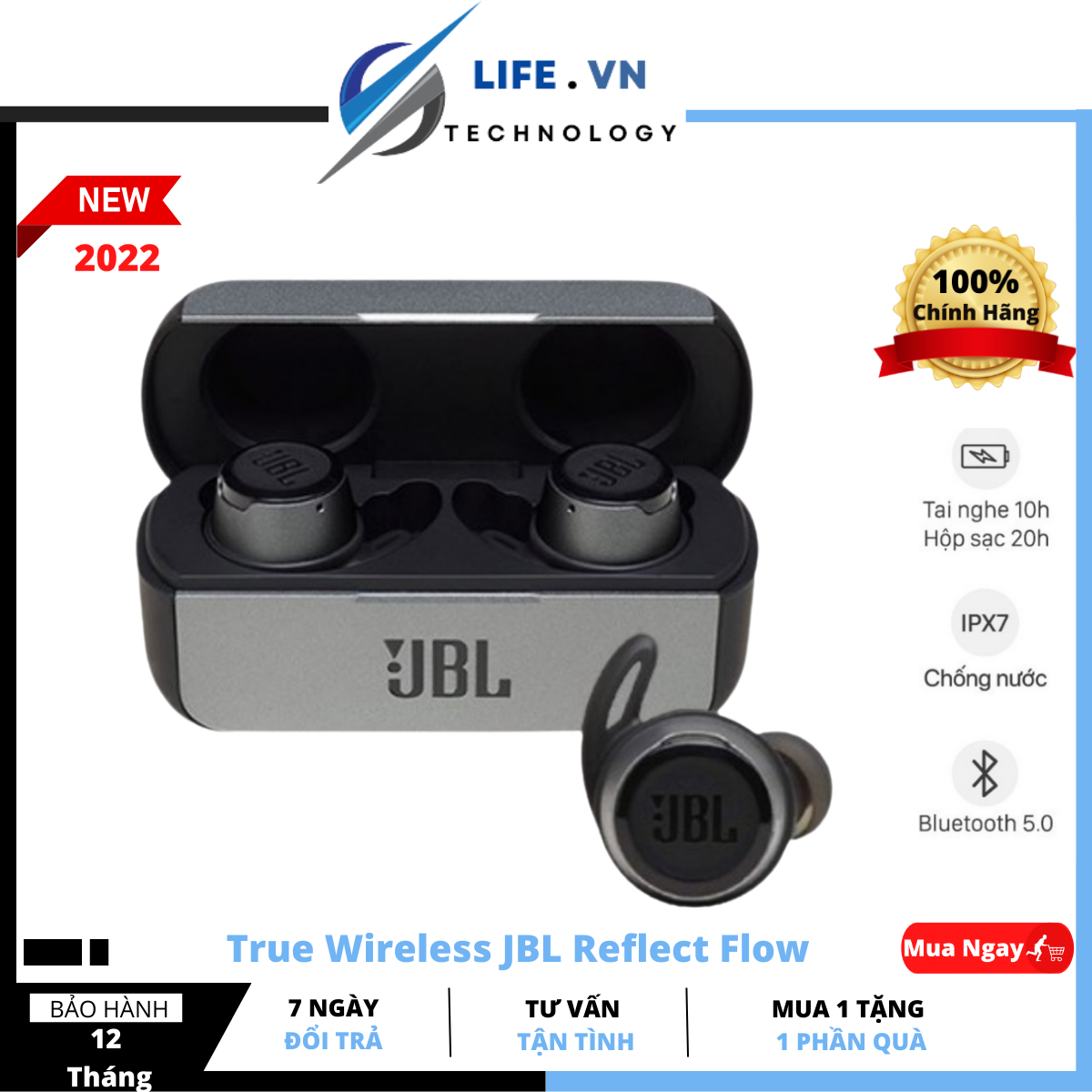 Tai Nghe Bluetooth True Wireless JBL Reflect Flow_Tai Nghe nhét tai JBL_Thiết kế sang trọng, tiện lợi khi mang theo nhỏ gọn và tinh tế _ Nhiều kích cỡ đệm tai , Có chuẩn chống nước IPX7 , Kết nối Bluetooth 5.0 _ Bảo Hành 12T