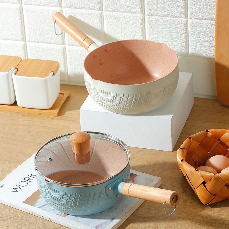 Giao nhanh 24h - Chảo đá sâu lòng 16cm, có tay cầm gỗ chống bỏng, chống dính, miệng có rãnh dễ dùng, dùng được mọi loại bếp, nồi nấu bột, nấu cháo cho bé ăn dặm