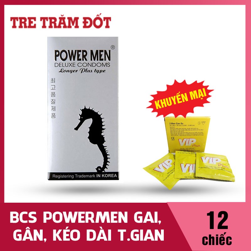 Bao cao su có gai kéo dài thời gian Powermen Cá ngựa đen hộp 12c tặng hộp bao cao su mỏng trơn Vip hộp 3c