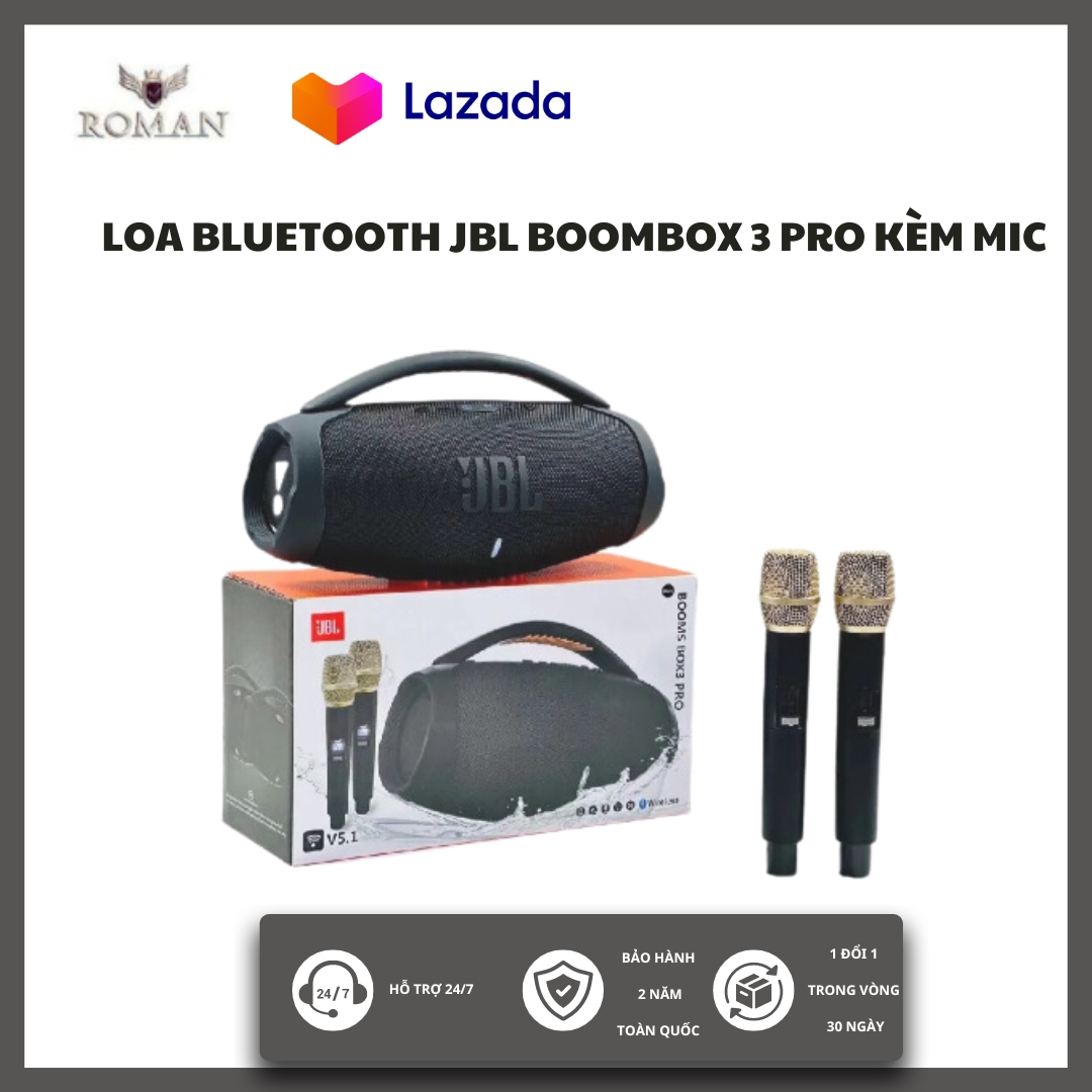 Loa Di Động Bombox 3 Pro Karaoke (100W) , Loa Bluetooth JBL Bombox 3 Pro , Karaoke Bass Mạnh Mẽ Tặng kèm 2 Micro Loa Karaoke Công Suất Cực Lớn