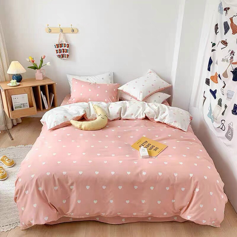 Bộ chăn ga gối cotton poly nhập tim hồng nền trắng