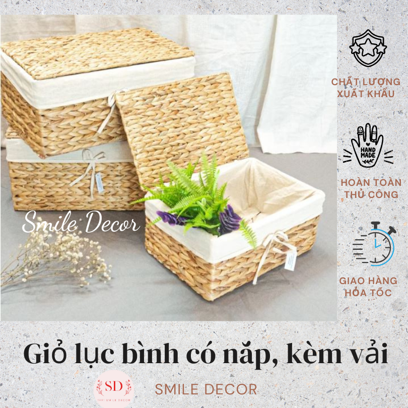 Hộp đựng đồ đa năng Smile Decor đan lục bình hình chữ nhật kèm vải lót