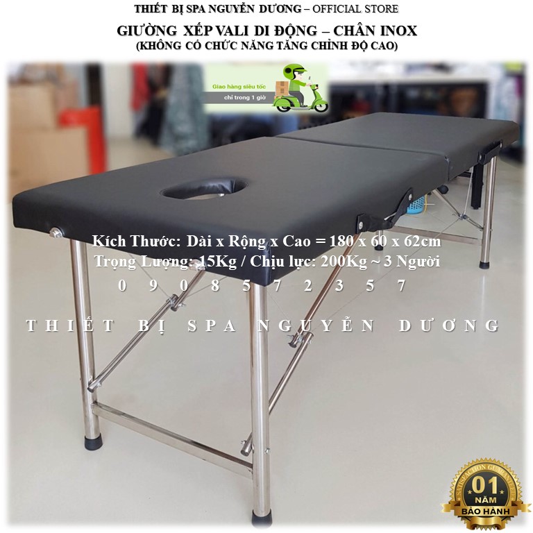 Giường xếp, giường gấp gọn vali chân inox - dùng cho dịch vụ spa, nối mi, phun xăm, tatoo, massage trị liệu