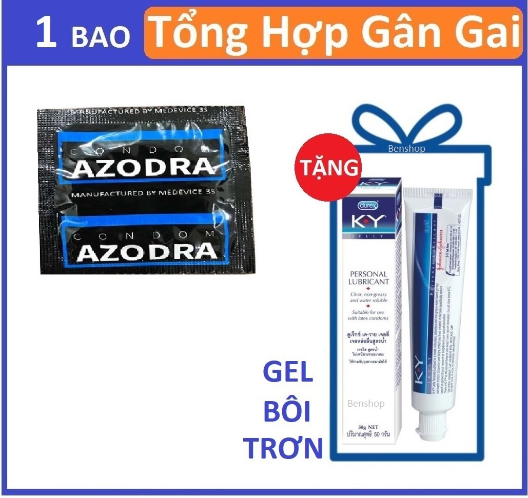 Combo 1 bao cao su tổng hợp gân gai ,kéo dài thời gain AZODRA tặng 1 chai gel bôi trơn KY 50g