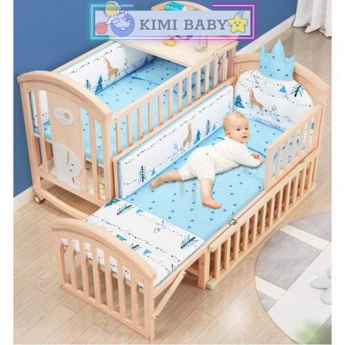 Cũi cho bé kích thước 120x70cm kéo dài thành giường full set 9 món. cũi gỗ cho bé cỡ đại. nôi cũi cho bé 10 chức năng- kimibaby shop