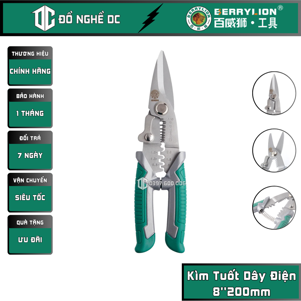 Kìm tuốt dây điện, kéo cắt tuốt dây điện ép cos đa năng 3in1 8''200mm 031002519 berrylion, thép không gỉ, kìm tuốt dây điện, kềm bấm cos đa năng