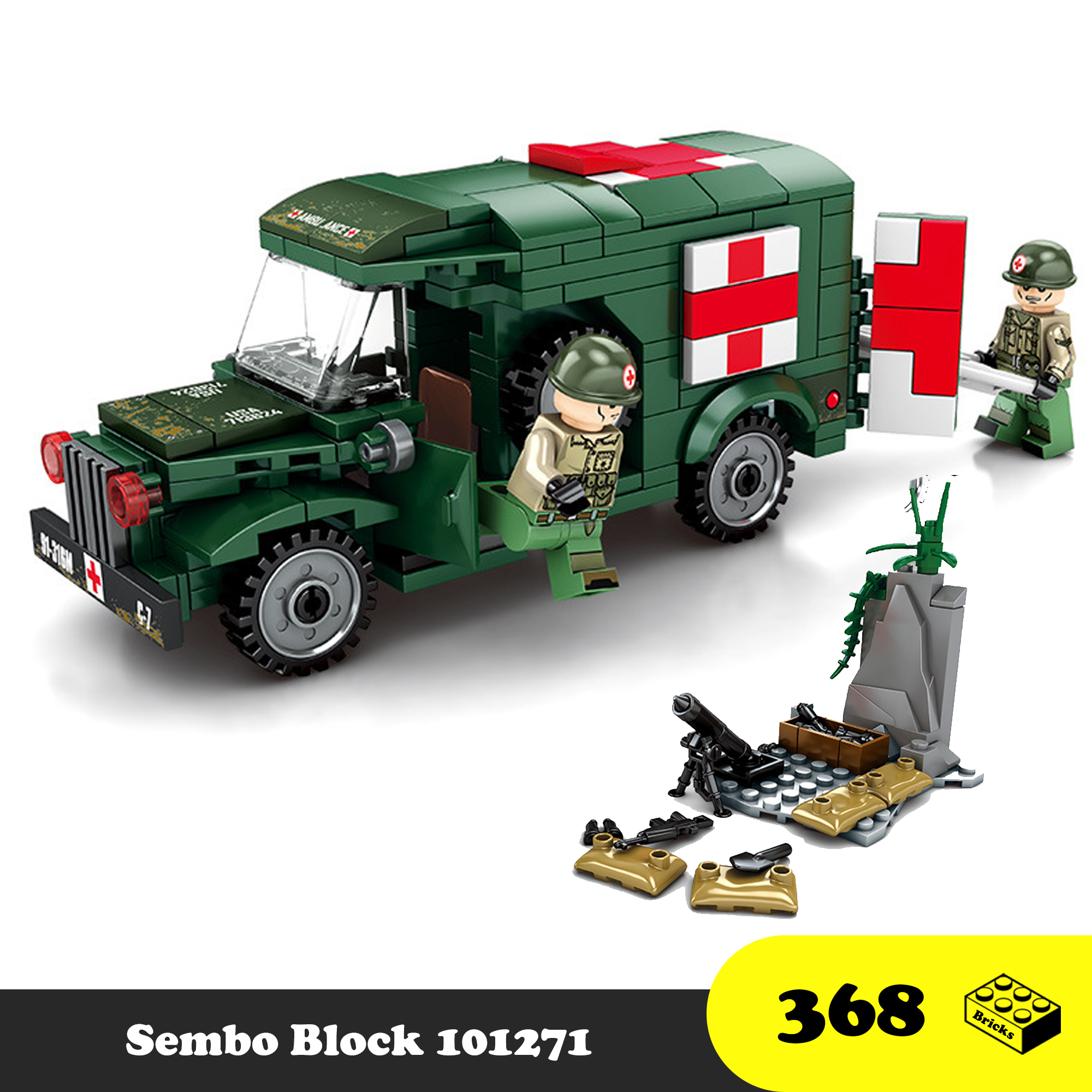 Đồ chơi Lego Lắp ráp Xe cứu thương Quân sự Mini, Sembo Block 101271 Army Ambulance, S1724 US T214WC54, Xếp hình thông minh [368 Mảnh ghép]