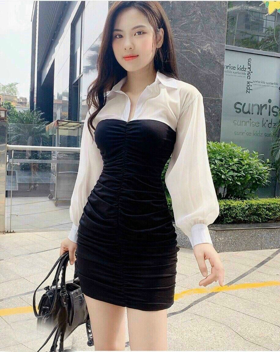 [HCM]đầm ôm thun borip phối voan tay dài cổ sơ mi nhún thân thời trang xinh xắn m4545