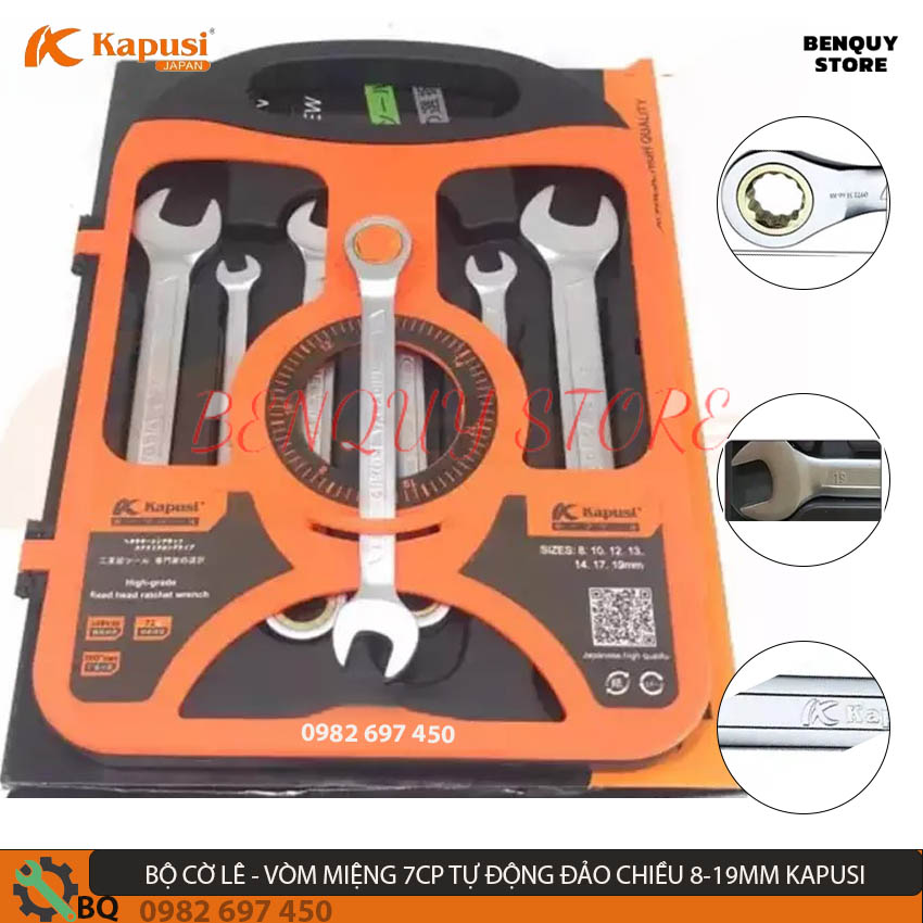 Bộ cờ lê vòm miệng tự động đảo chiều 7 chi tiết từ 8 - 19mm kapusi japan tiêu . bộ dụng cụ sửa chữa xe. tiêu chuẩn nhật bản.