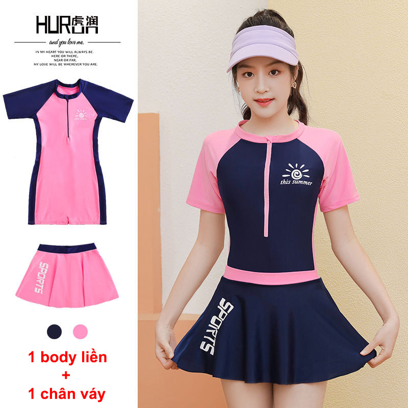 Bikini đồ bơi trẻ em nữ liên thân body có tay dạng váy rời