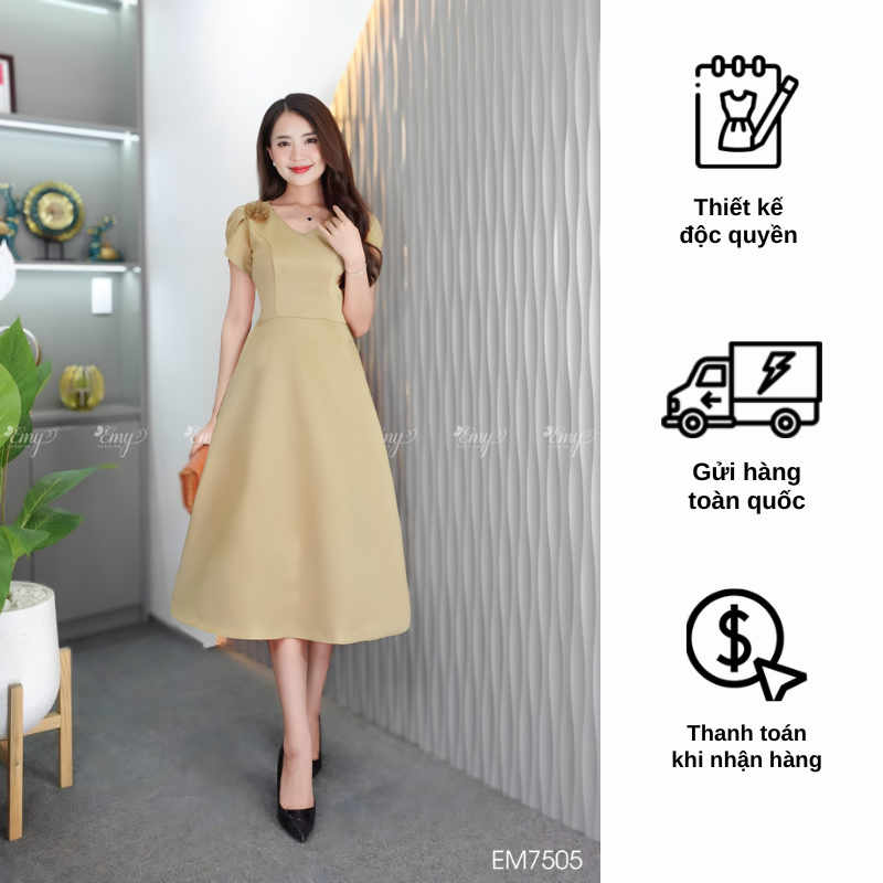 Đầm emy em7505 xoè cổ v phụ kiện hoa vải